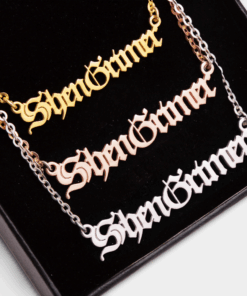 Sleek custom name necklace in polished silver, elegantly displaying personalized script for a unique touch.