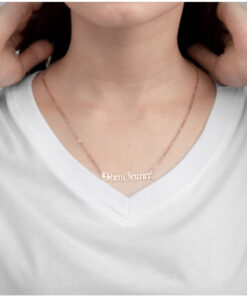 Sleek custom name necklace in polished silver, elegantly displaying personalized script for a unique touch.